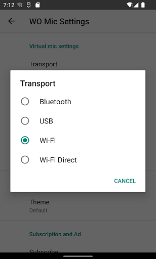 Sélectionnez le transport Wi-Fi